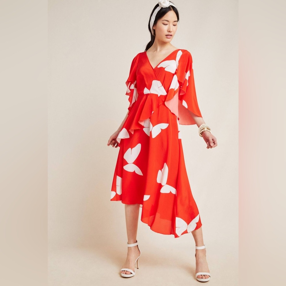 Anthropologie Hope for Flowers Red Butterfly Sun Dress Size 4 100% Silk